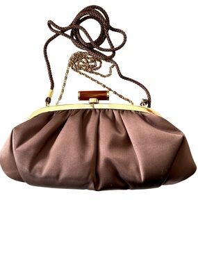 Kate Landry Brown Satin Evening Bag Clutch with Faux Tortoise Shell Kiss Lock